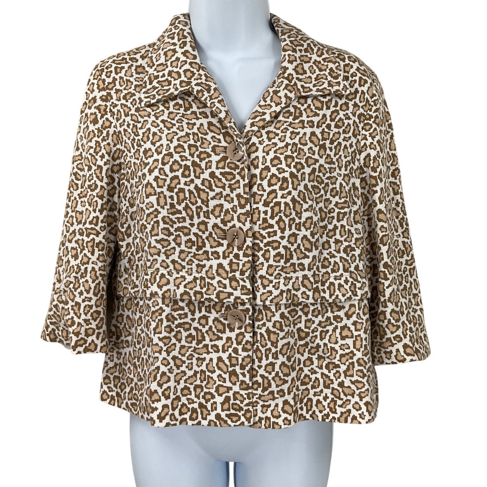 Pendleton Blazer Womens Sz M Petite Linen Blend Leopard Print Jacket 3/4 Sleeve